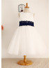 A-line Ivory Satin Tulle Knee Length Flower Girl Dress With A Navy Blue Sash
